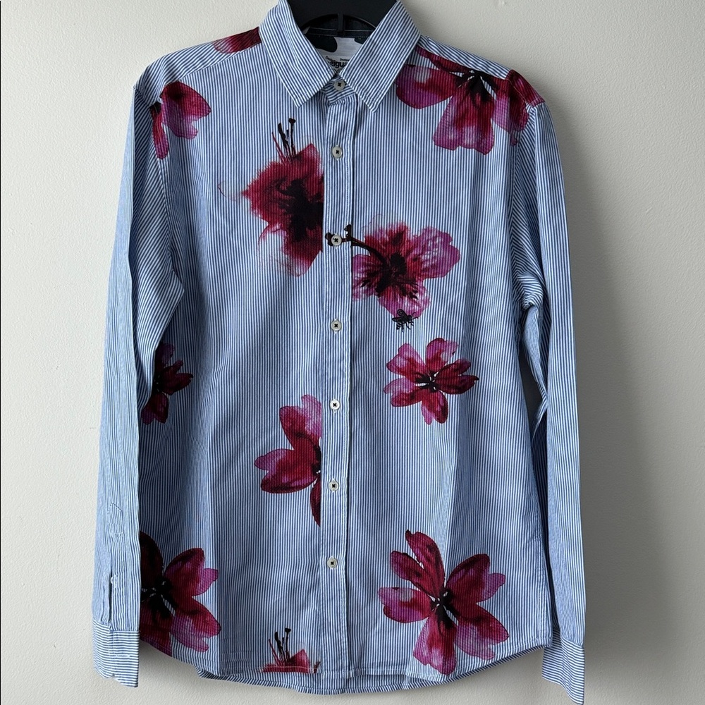 Desigual Striped Blue Shirt with Red Floral Accents